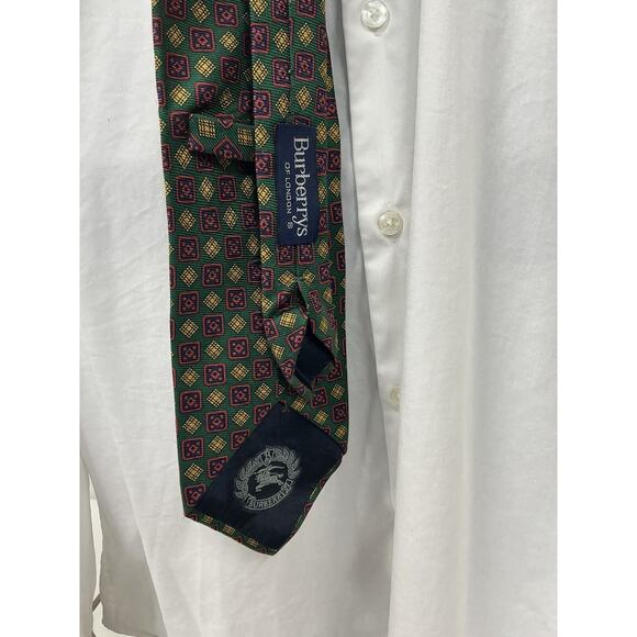 Vintage Burberrys Of London Tie Silk Green Red Gold‎ Geometric Print - Picture 6 of 7
